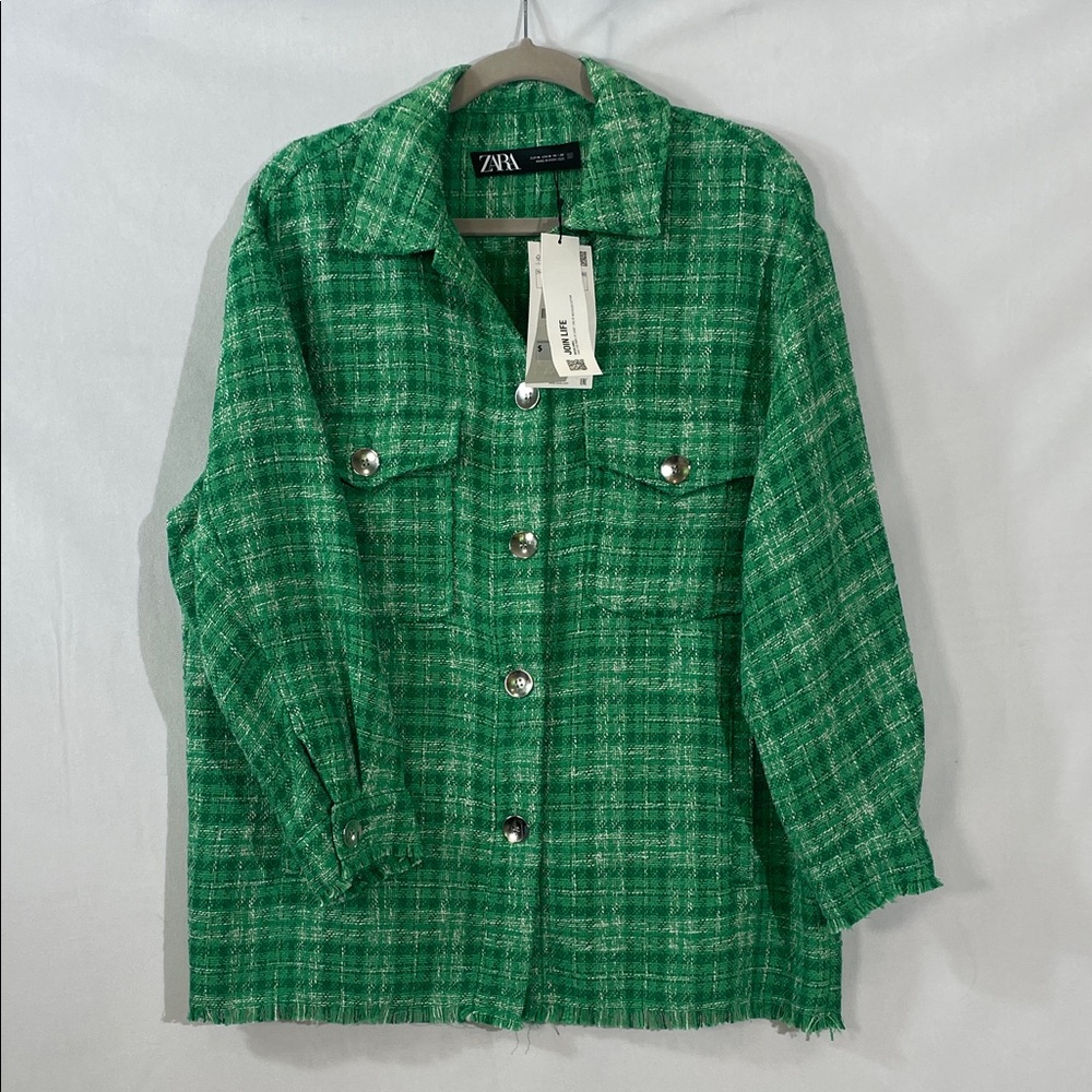 Zara Green Tweed Button-Up Jacket